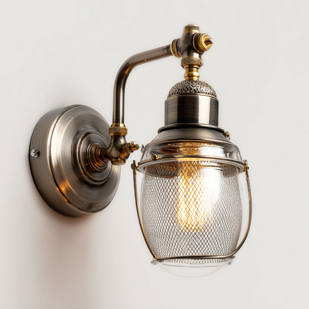 Wandleuchte aus Metall und Glas 18x22x28 cm - antiksilber - industrielles Design mit Schutzgitter