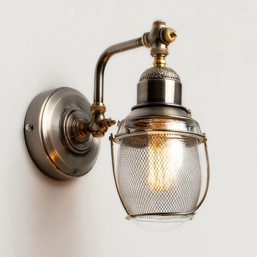 Wandleuchte aus Metall und Glas 18x22x28 cm - antiksilber - industrielles Design mit Schutzgitter
