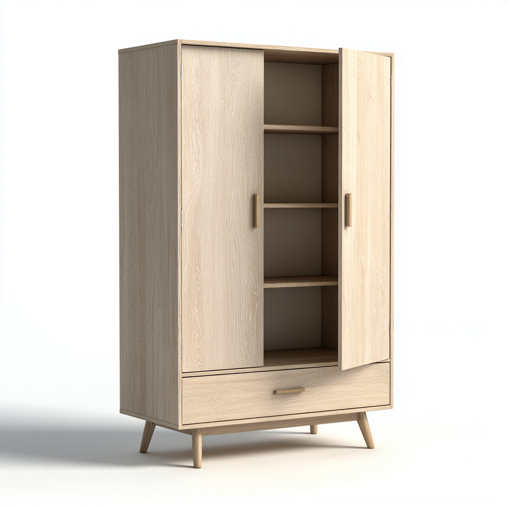 Kleiderschrank Holz 90x45x160 cm - Hellholz - 2 Türen und 1 Schublade im skandinavischen Stil