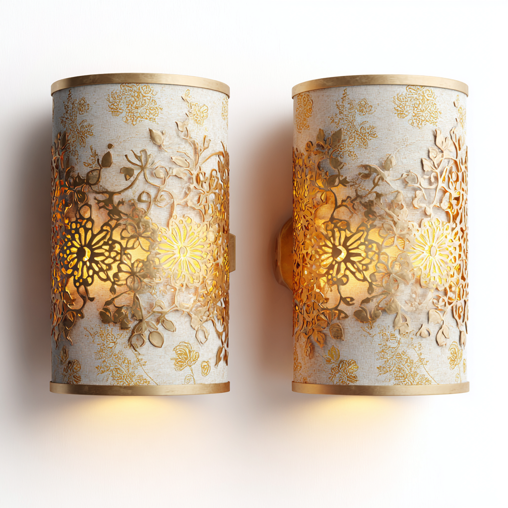 Wandleuchte Metall Stoff 20x12x28 cm - gold - orientalisches Design mit Blumenmuster und Lichtdurchbruch