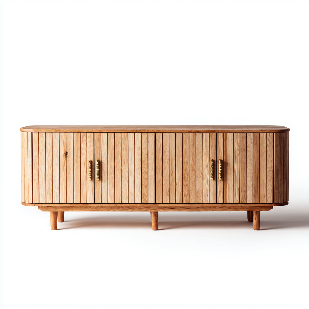 TV-Schrank aus Eichenholz 180x45x70 cm - natur - modernes Design mit vertikaler Holzstruktur und Messinggriffen