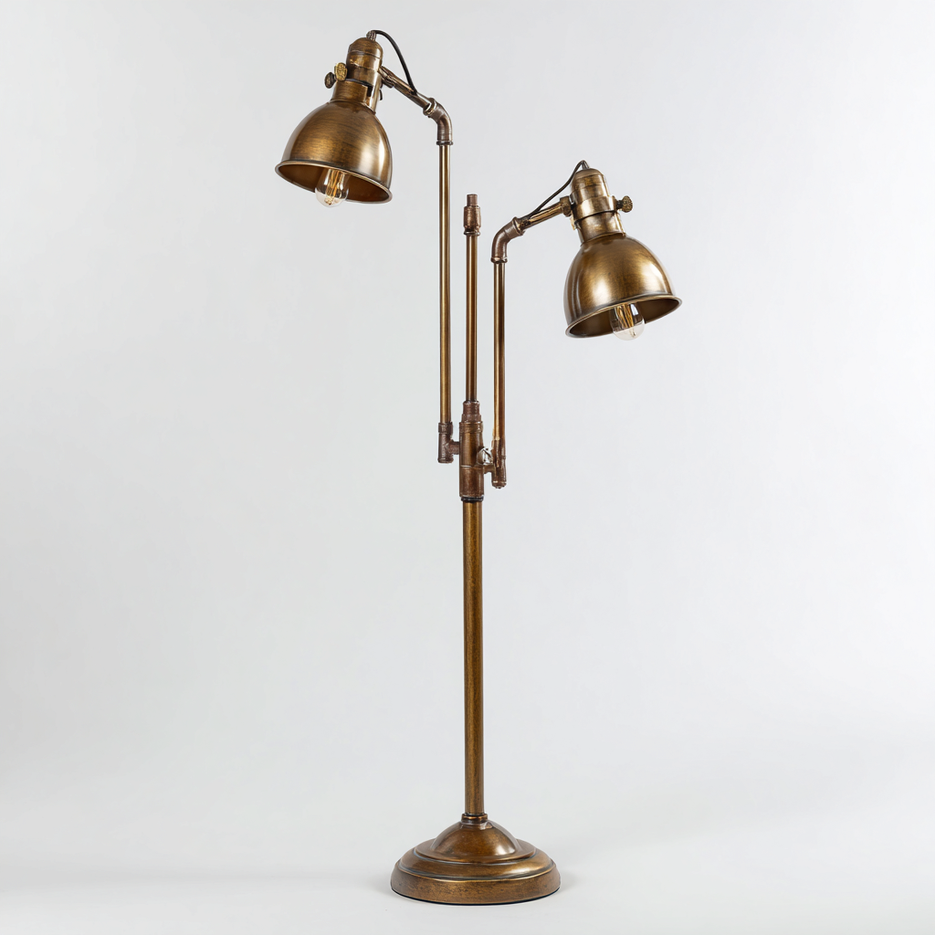 Stehlampe aus Metall 42x28x155 cm - antikmessing - industrielles Design mit 2 verstellbaren Leuchtköpfen