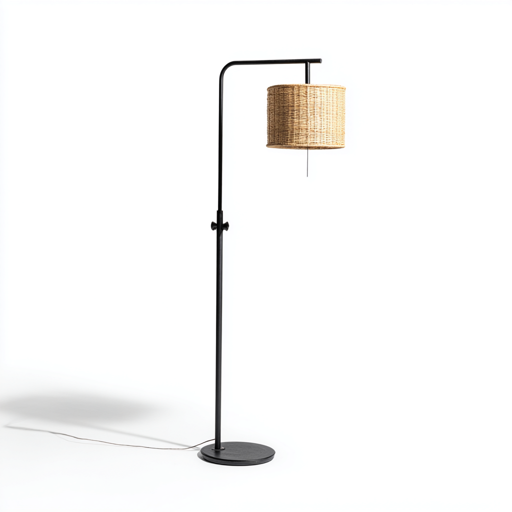 Stehlampe Metall Rattan 40x30x165 cm - schwarz-natur - modernes Design mit hängendem Lampenschirm
