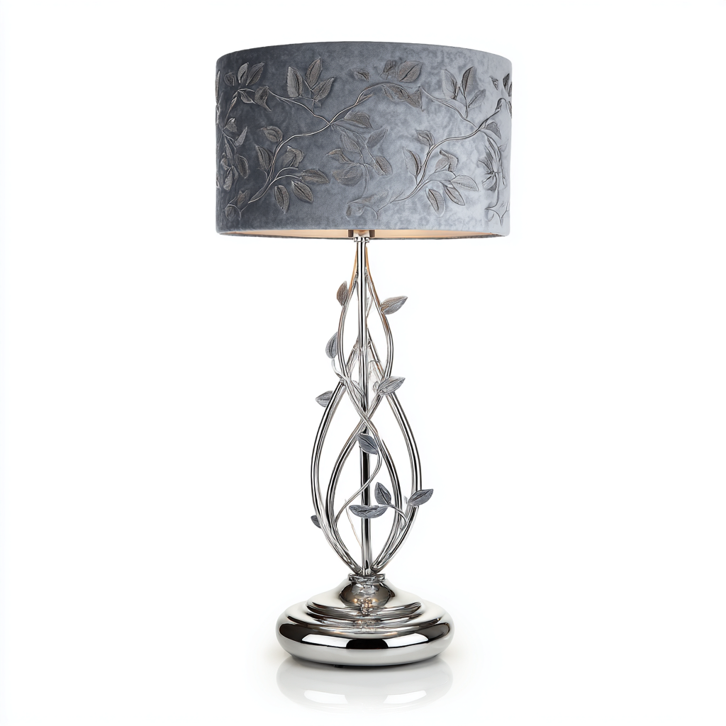 Stehlampe aus Chrom und Samt 38x38x155 cm - silber-grau - elegantes Design mit floralen Details