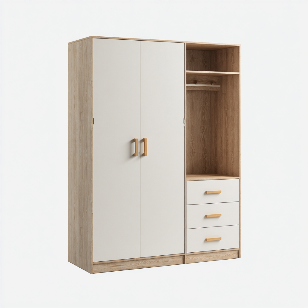 Kleiderschrank Holz 120x50x180 cm - Weiß-Eichenfarben - 2 Türen und 3 Schubladen im modernen Design