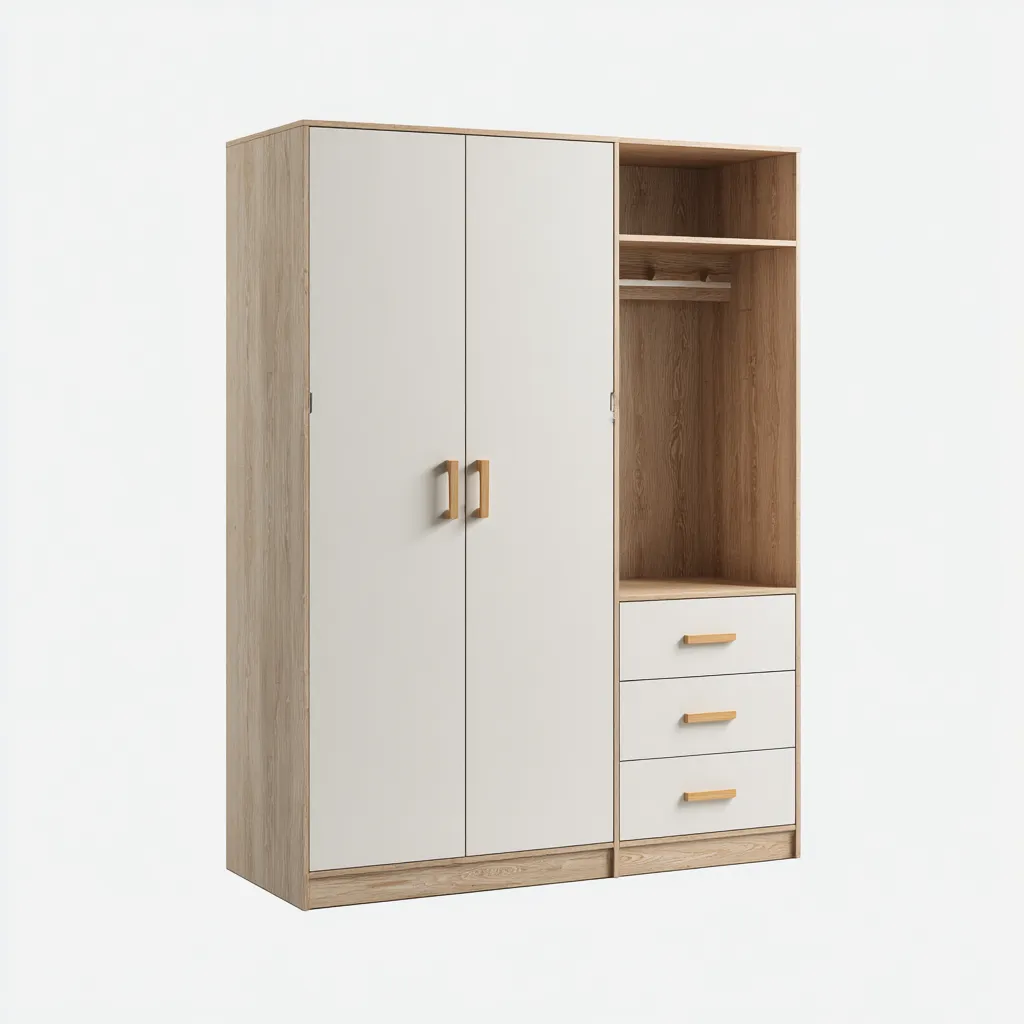 Kleiderschrank Holz 120x50x180 cm - Weiß-Eichenfarben - 2 Türen und 3 Schubladen im modernen Design