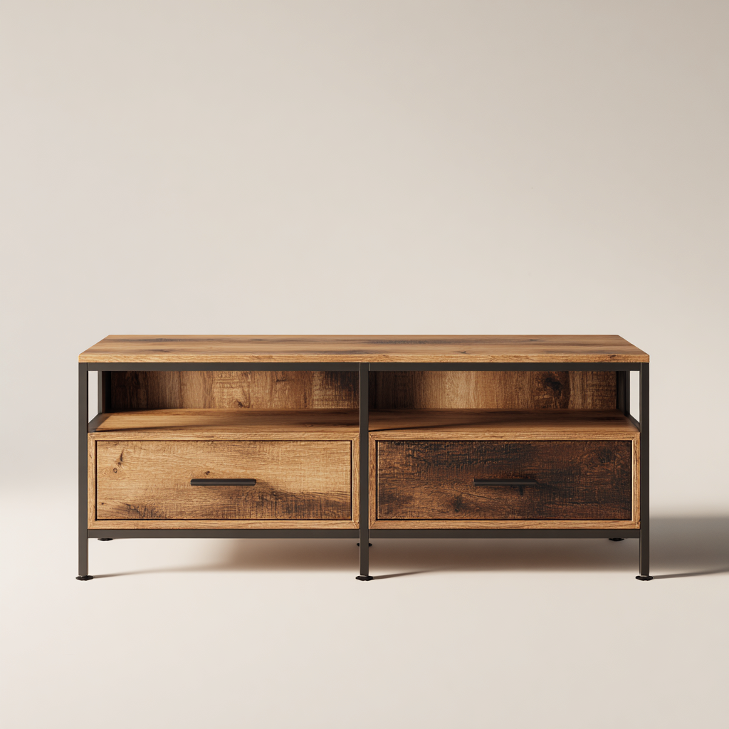 TV-Schrank aus Massivholz und Metall 140x45x55 cm - natur-schwarz - industrielles Design mit Schubladen