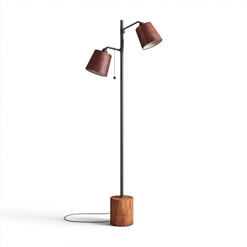 Stehlampe Metall-Holz 45x45x165 cm - schwarz-braun - modernes Design mit zwei verstellbaren Lampenschirmen