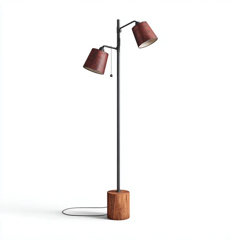 Stehlampe Metall-Holz 45x45x165 cm - schwarz-braun - modernes Design mit zwei verstellbaren Lampenschirmen