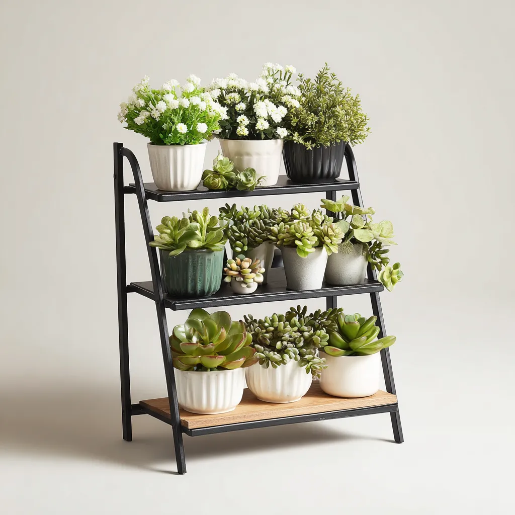 Pflanzenregal Metall Holz 60x30x75 cm - Schwarz-Naturfarben - 3-stufiges Design für Innenbereich