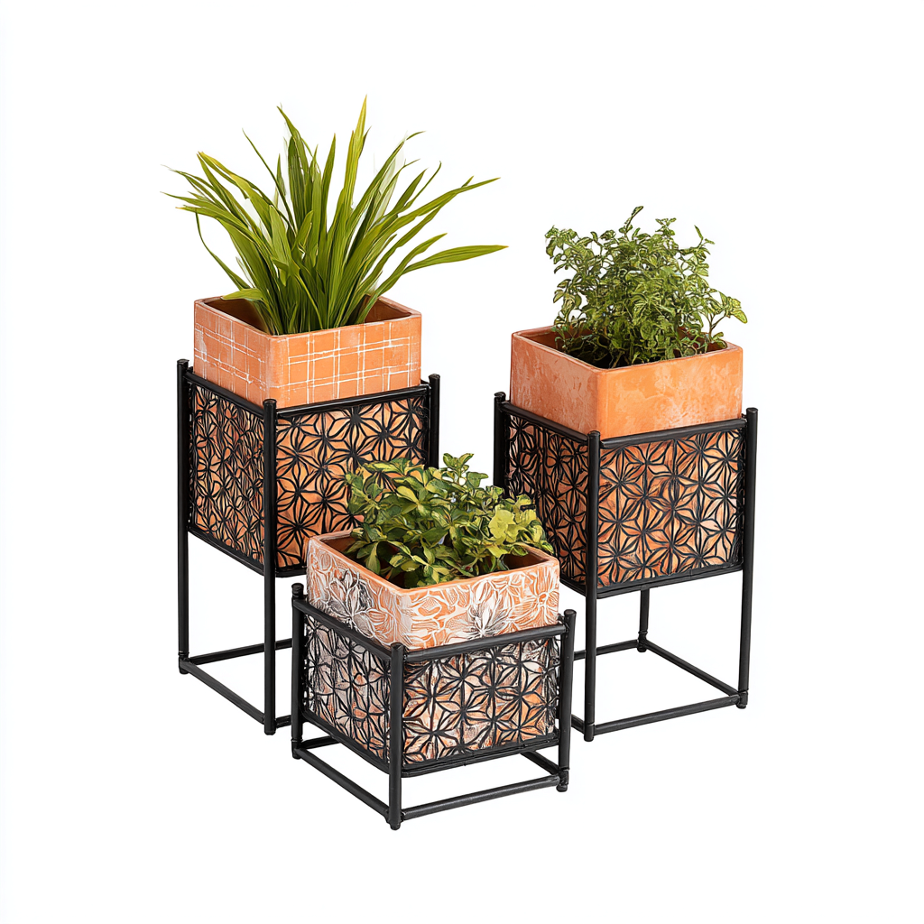 Pflanzenständer-Set aus Metall und Keramik - schwarz-terracotta - 3-teilig - dekoratives Design für Innenbereich