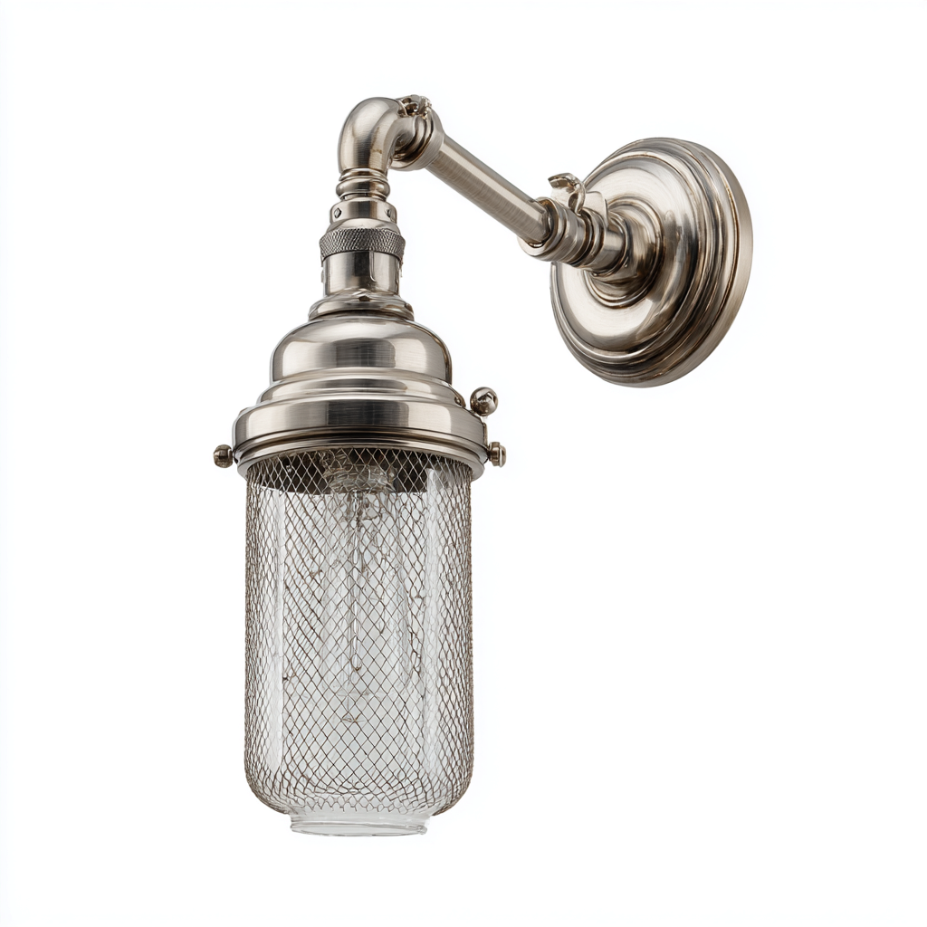 Wandleuchte aus Metall und Glas 17x20x30 cm - silber - industrielles Design mit Schutzgitter-Zylinder