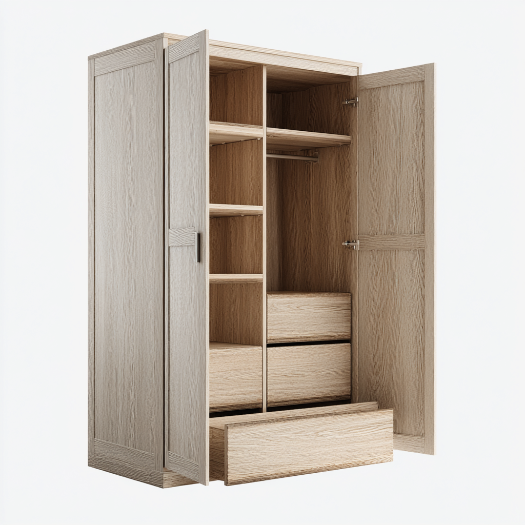 Kleiderschrank aus Holz 120x55x190 cm - hellbraun - mit 2 Türen und 4 Schubladen - modernes Design mit Stauraum