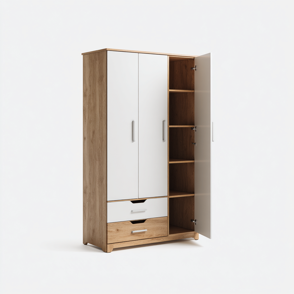 Kleiderschrank Holz 120x50x190 cm - weiß-eichefarben - modernes Design - mit 3 Türen und 2 Schubladen