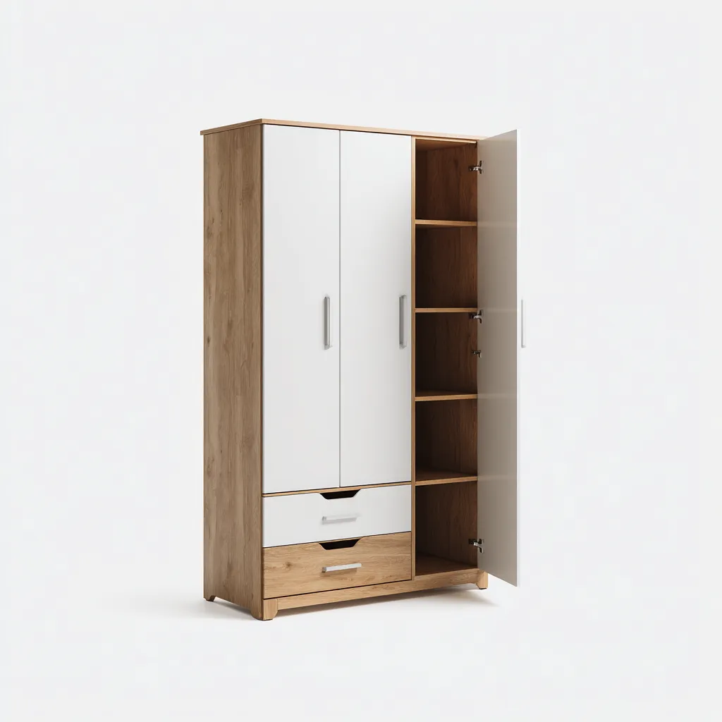 Kleiderschrank Holz 120x50x190 cm - weiß-eichefarben - modernes Design - mit 3 Türen und 2 Schubladen