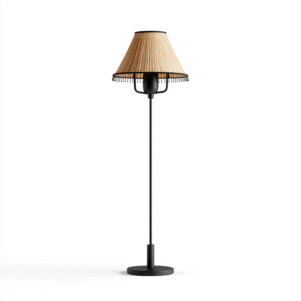 Stehlampe Metall Rattan 35x35x160 cm - schwarz-natur - modernes Design mit Flecht-Lampenschirm