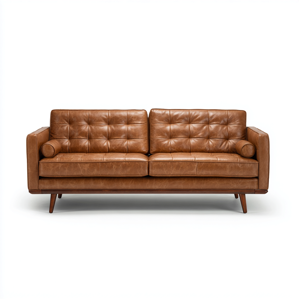 Dreisitzer Sofa Echtleder 210x85x80 cm - hellbraun - modernes Retro-Design mit Holzfüßen