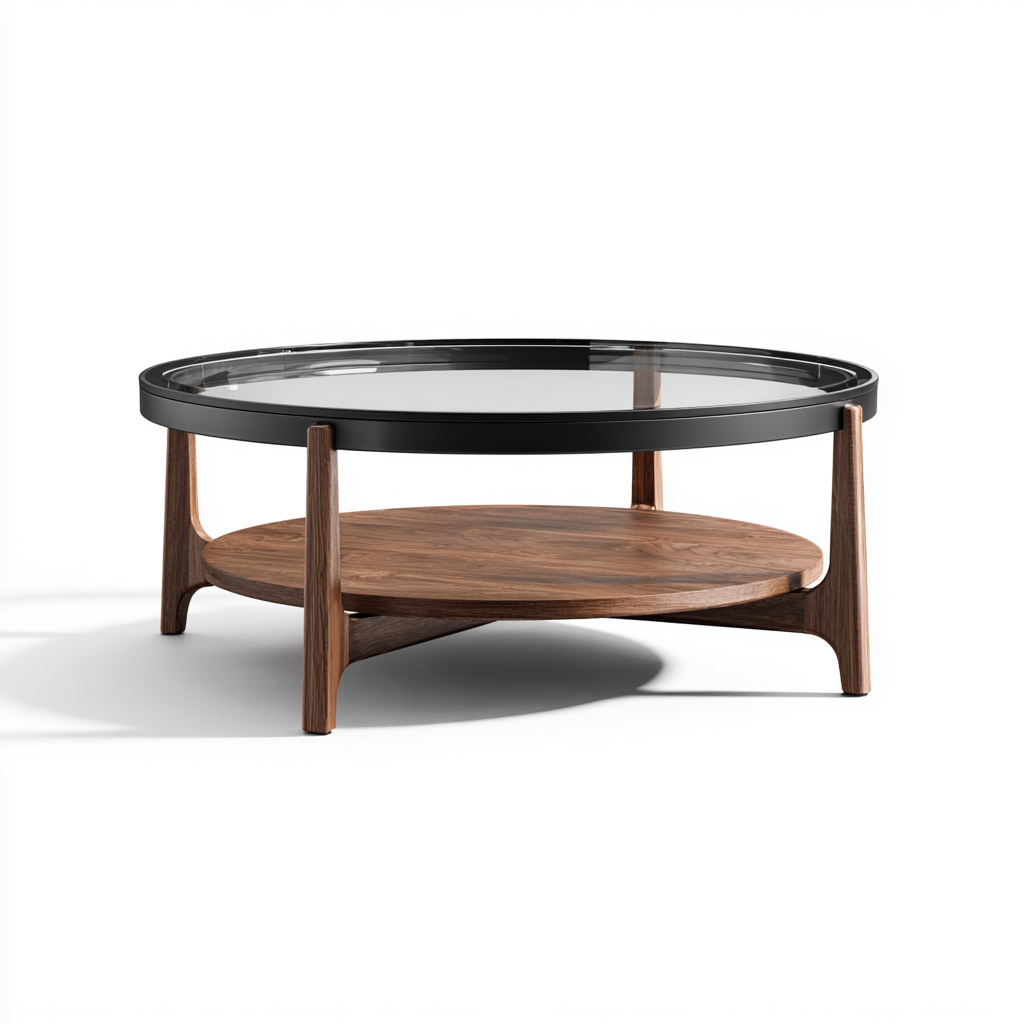 Couchtisch aus Glas und Holz 90x90x40 cm - schwarz-nussbaum - rundes Design mit Ablagefläche