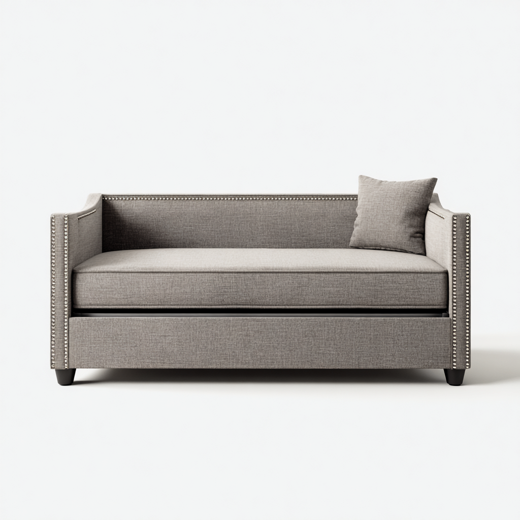 Schlafsofa aus Stoff 205x95x85 cm - hellgrau - elegantes Design mit Nietenverzierung und ausziehbarer Liegefläche für Wohnzimmer oder Gästezimmer