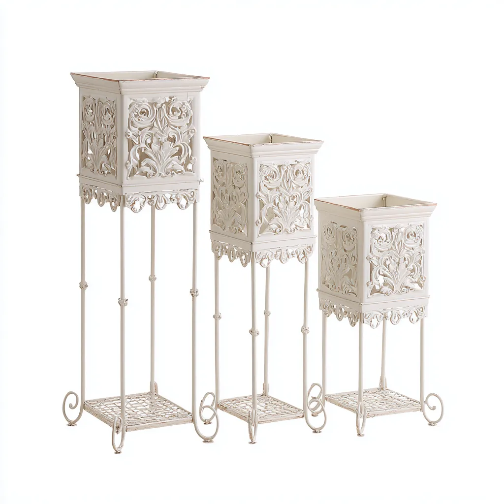 Pflanzenregal Set Metall 26x26x80 cm - Weiß - Antikes Design mit floraler Verzierung