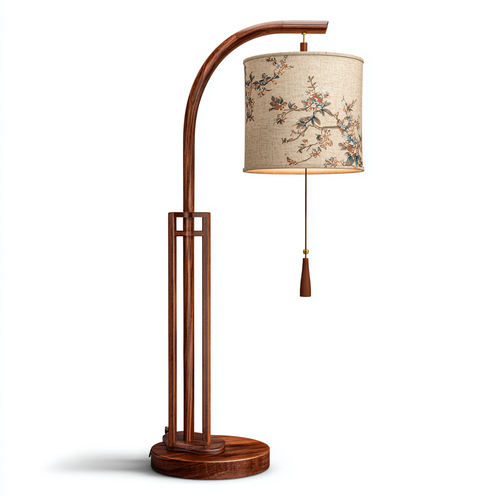 Stehlampe Holz Stoff 40x35x155 cm - walnussfarben-beige - asiatisches Design mit Blumenmuster-Schirm