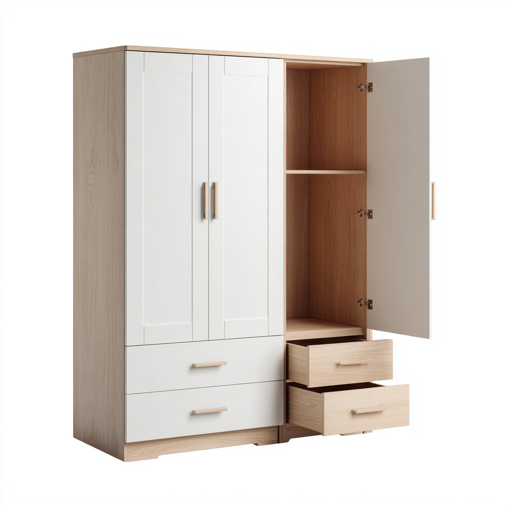Kleiderschrank aus Holz 150x55x190 cm - weiß-eichefarben - mit 3 Türen und 4 Schubladen - modernes skandinavisches Design