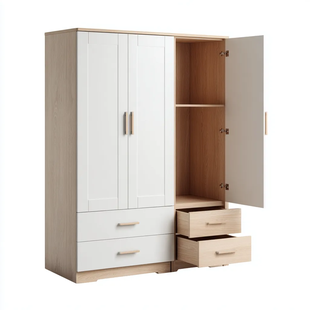 Kleiderschrank aus Holz 150x55x190 cm - weiß-eichefarben - mit 3 Türen und 4 Schubladen - modernes skandinavisches Design