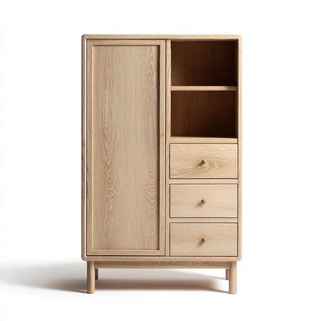 Kleiderschrank aus Massivholz 90x45x150 cm - naturfarben - mit 1 Tür, 3 Schubladen und 2 offenen Fächern - skandinavisches Design