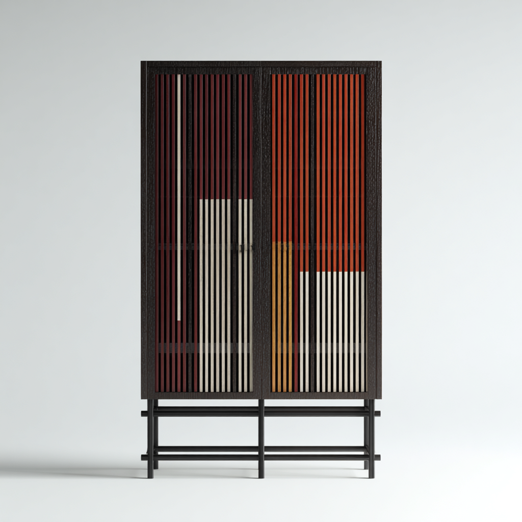 Kleiderschrank Holz-Metall 100x45x180 cm - schwarz-rot-orange - modernes Design mit Lamellenfront