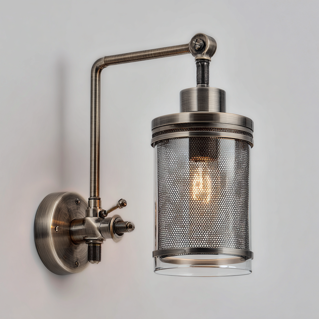 Wandleuchte Metall-Glas Silber - 18x14x30 cm - Industrielles Design mit Gitterglaszylinder