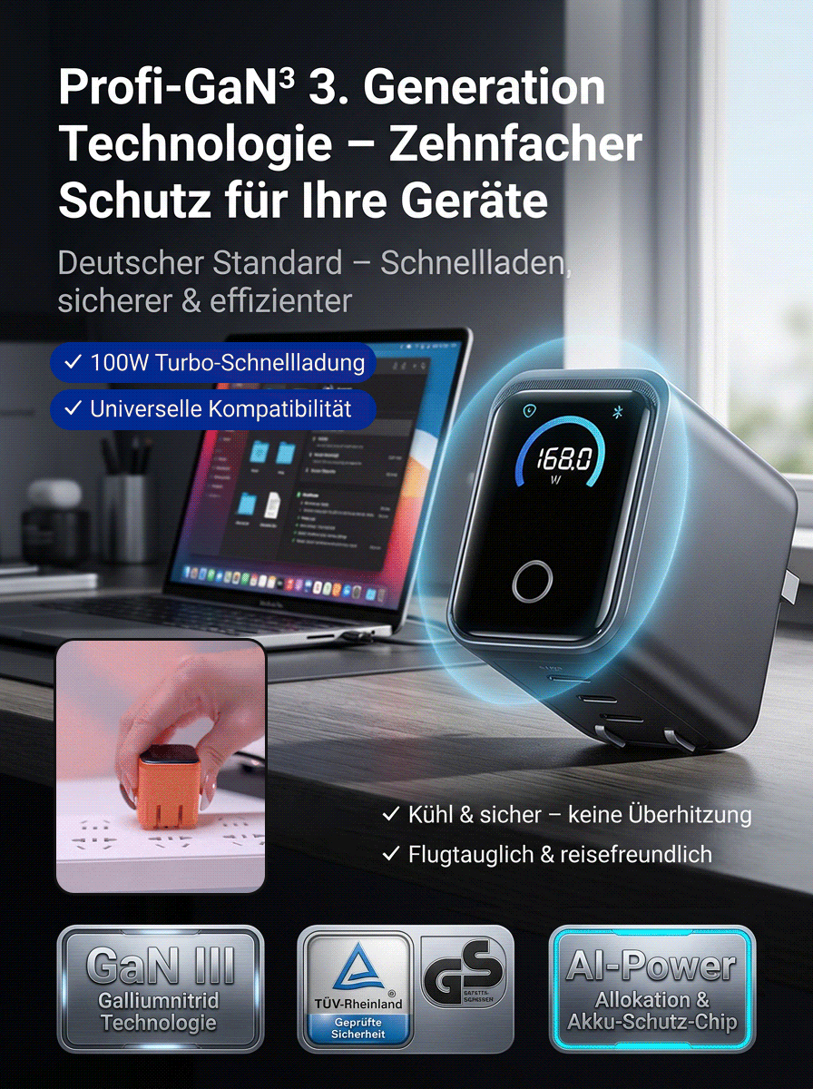 Profi-GaN³ Schnellladegerät (100W Echtzeit-Anzeige) – Für MacBook & iPhone