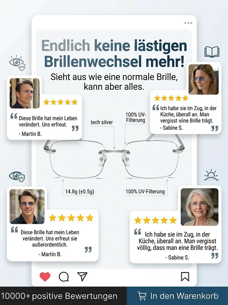 Schluss mit Brillenwechsel! [Für alle Altersgruppen geeignet] Rahmenlose, zoomfähige und farbwechselnde Lesebrille