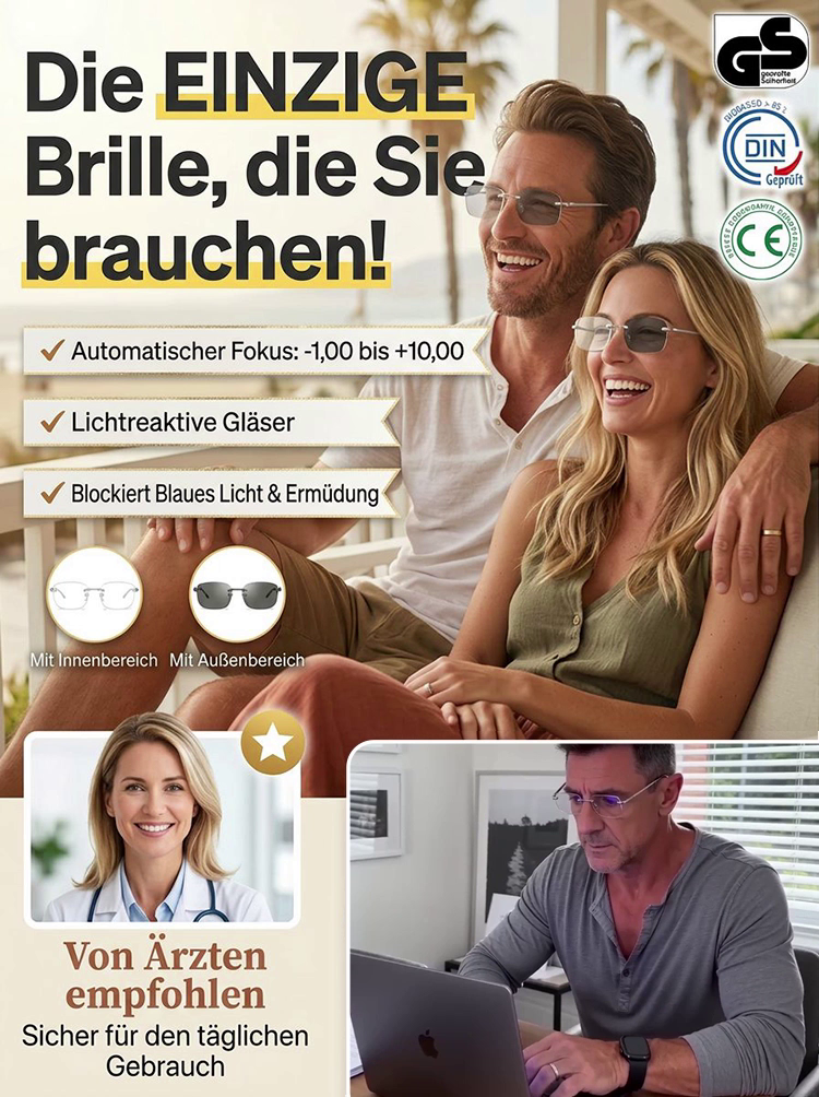 Schluss mit Brillenwechsel! [Für alle Altersgruppen geeignet] Rahmenlose, zoomfähige und farbwechselnde Lesebrille