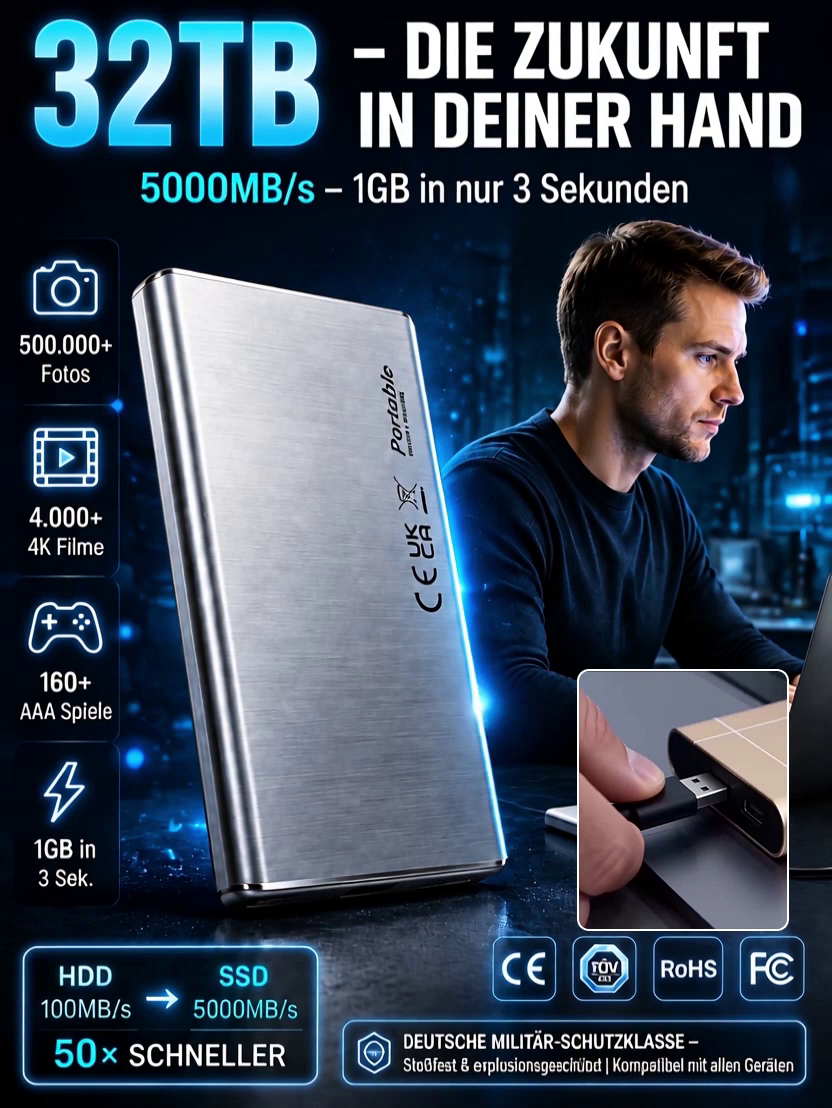 🚀 4.000 MB/s Highspeed – 3 4K-Filme in 1 Sekunde rüberschieben! Deutsche 32 TB Pro-SSD zum Preis von einem Bier! 🏆