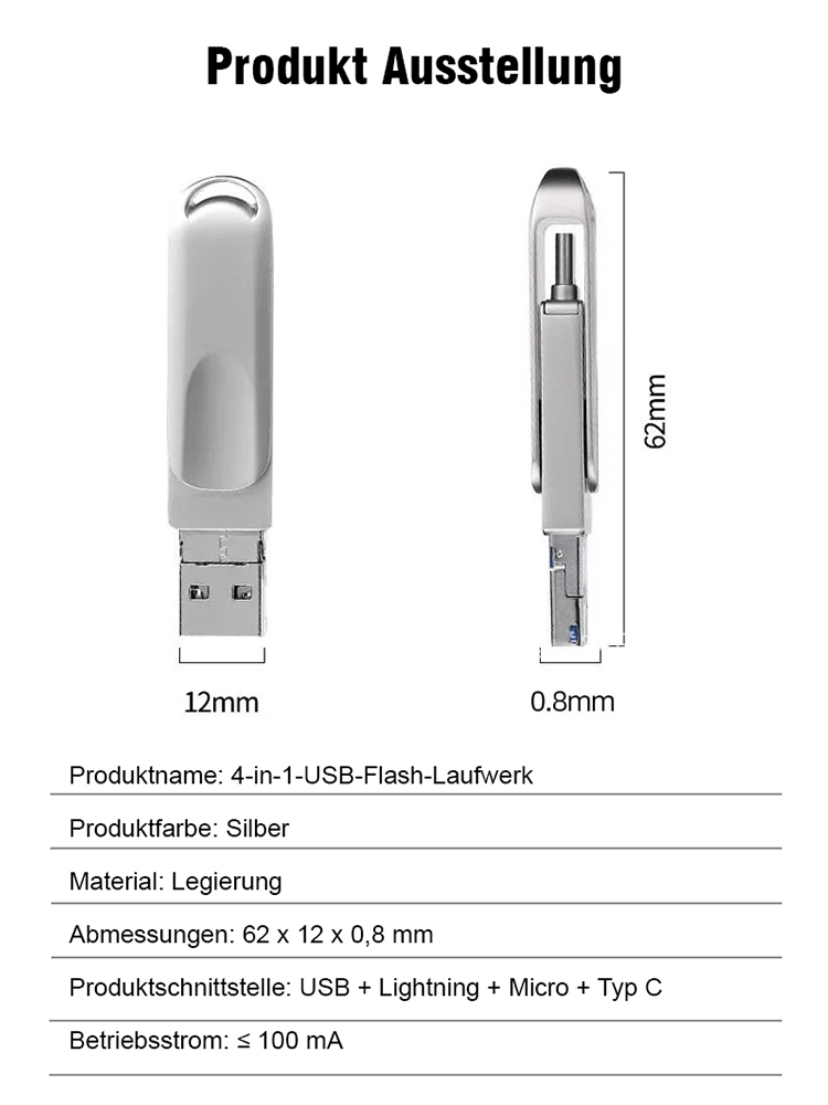 ⚡Militärstandard 64TB SSD |  550 MB/s | IP68 & AES-256 geschützt. 4-in-1 USB-Stick zur Speichererweiterung für Mobiltelefone