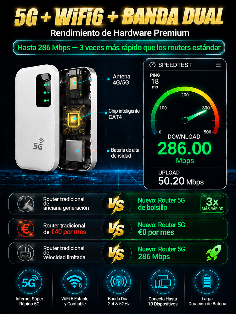 【¡Sin tarjeta SIM y sin configuración!】WiFi portátil de bolsillo — ¡Internet 5G Ilimitado al Instante!