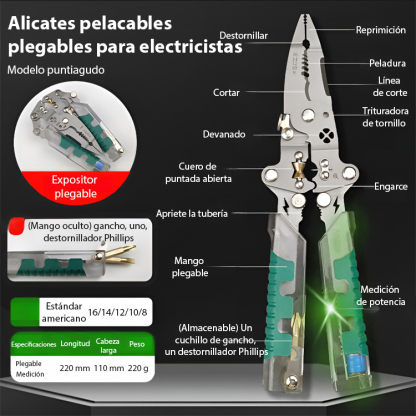 【¡Una sola pieza con ¡14 funciones!】Alicate plegable, probador eléctrico, desarmador y pelacables… ¡todo en uno!