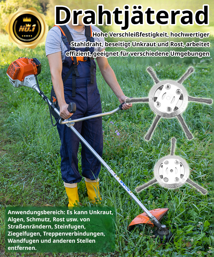 [10 JAHRE OHNE WECHSEL] Verschleißfreies Hochkohlenstoffstahl-Jäterad – Universell passend für alle Motorsensen!