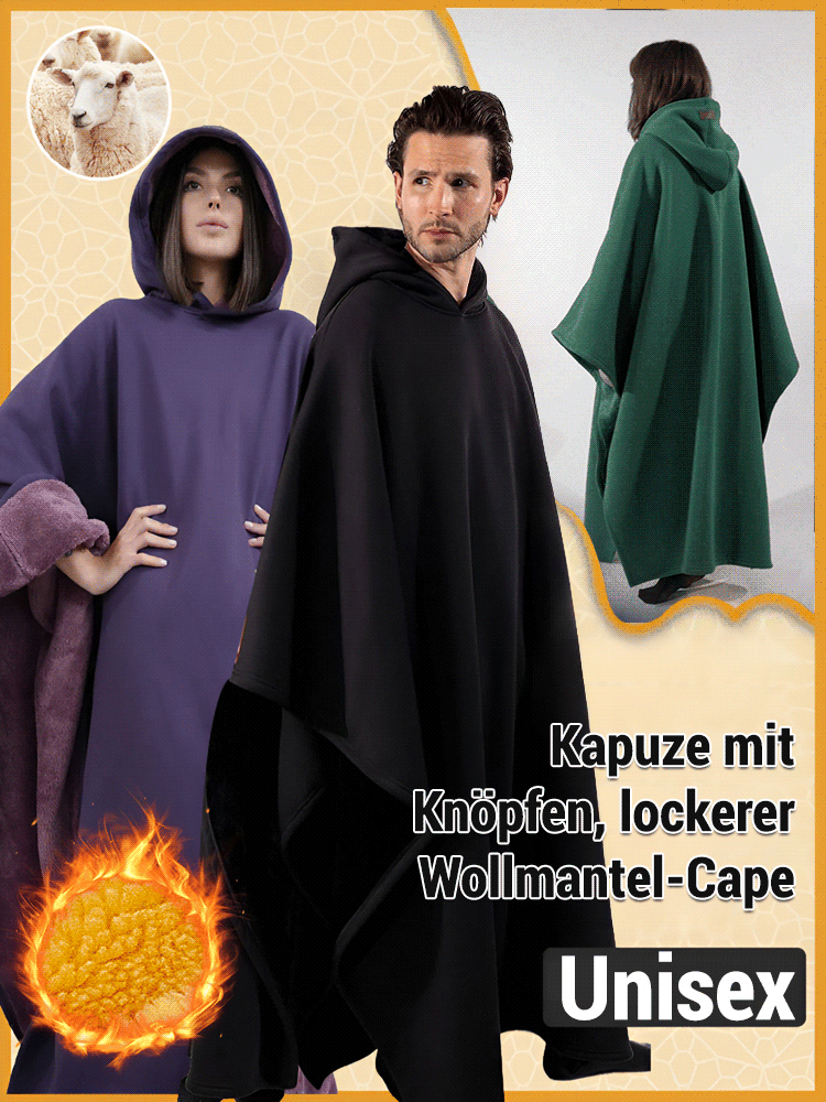 Kapuze mit Knöpfen, lockerer Wollmantel, Unisex.