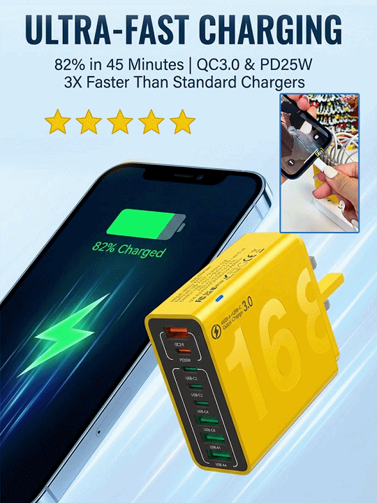 Charge 50% faster! PD 30W & QC 3.0 for 8 devices simultaneously ⚡The charging station of 2026: One hub for everything – from iPhone to laptop 📱💻Safe fast charging: Intelligent chips protect your batteries around the clock 🛡️