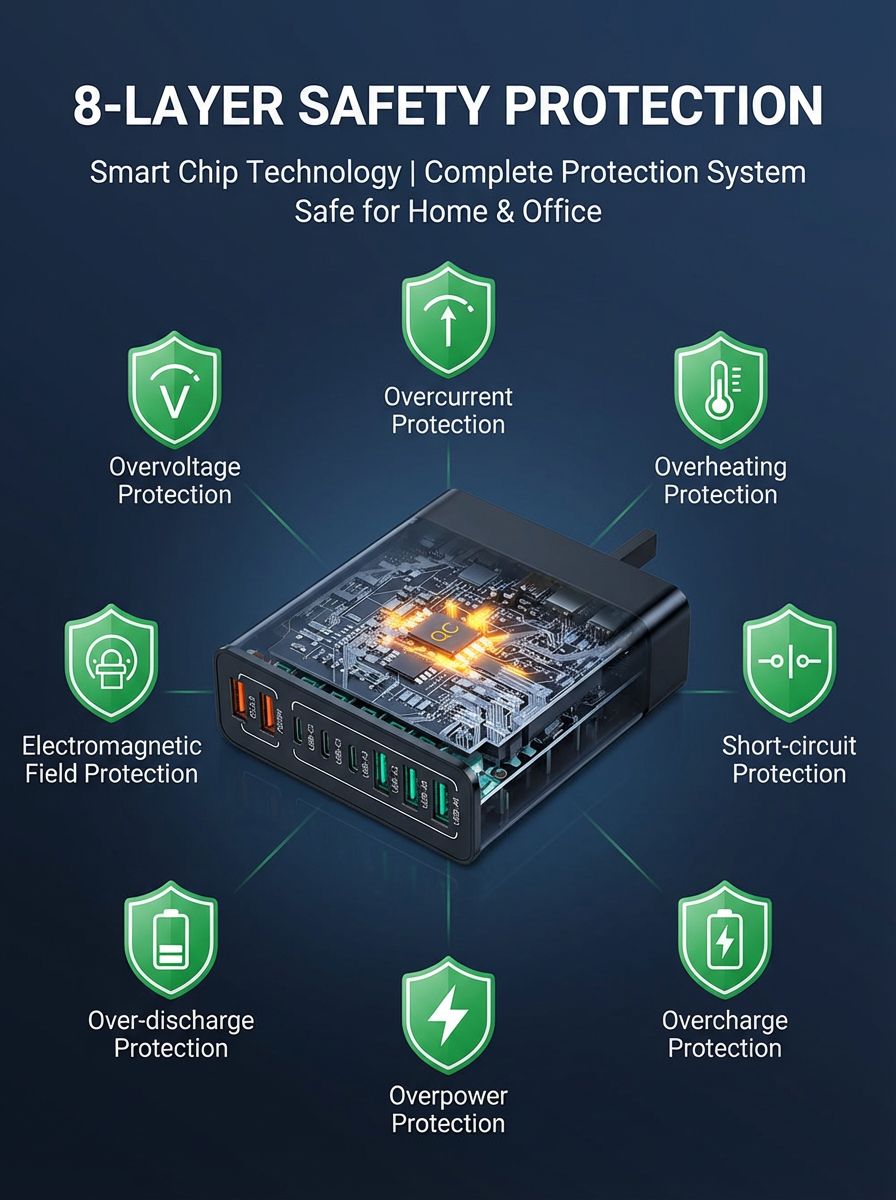 Charge 50% faster! PD 30W & QC 3.0 for 8 devices simultaneously ⚡The charging station of 2026: One hub for everything – from iPhone to laptop 📱💻Safe fast charging: Intelligent chips protect your batteries around the clock 🛡️