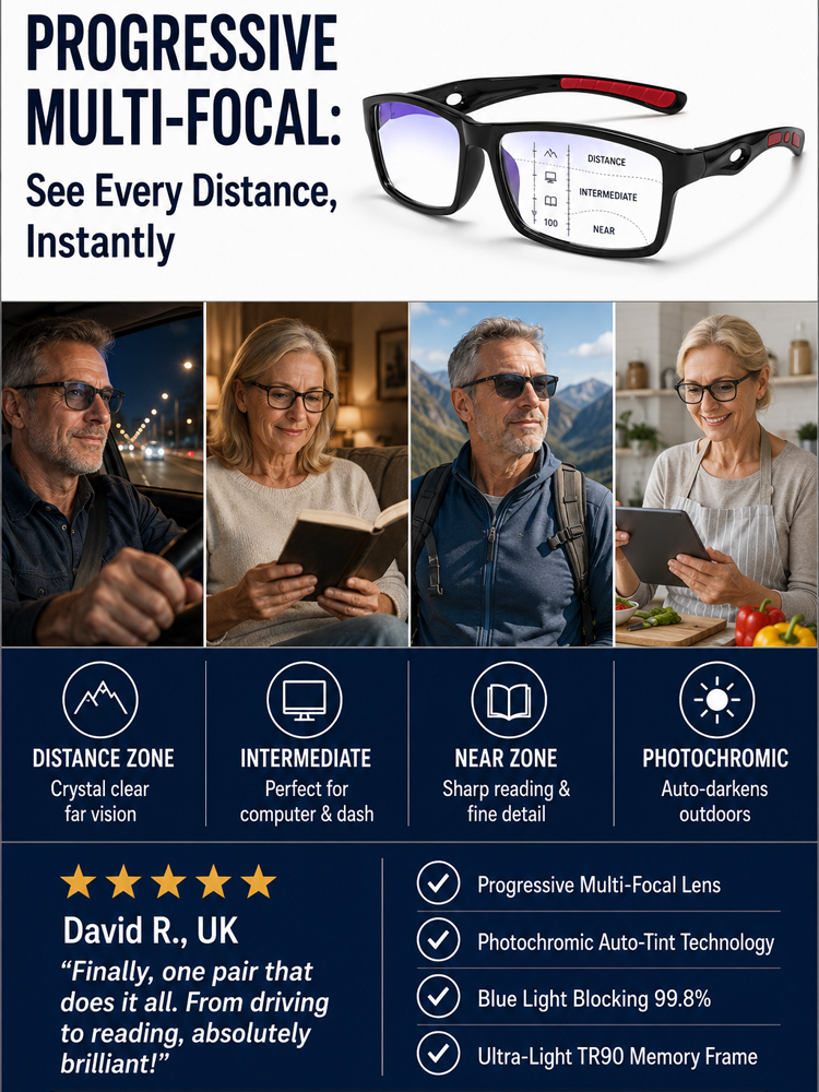 ✅ Stop swapping glasses forever! One pair for seamless vision and instant sun protection.