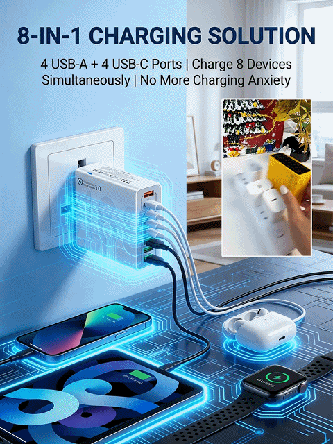 Charge 50% faster! PD 30W & QC 3.0 for 8 devices simultaneously ⚡The charging station of 2026: One hub for everything – from iPhone to laptop 📱💻Safe fast charging: Intelligent chips protect your batteries around the clock 🛡️