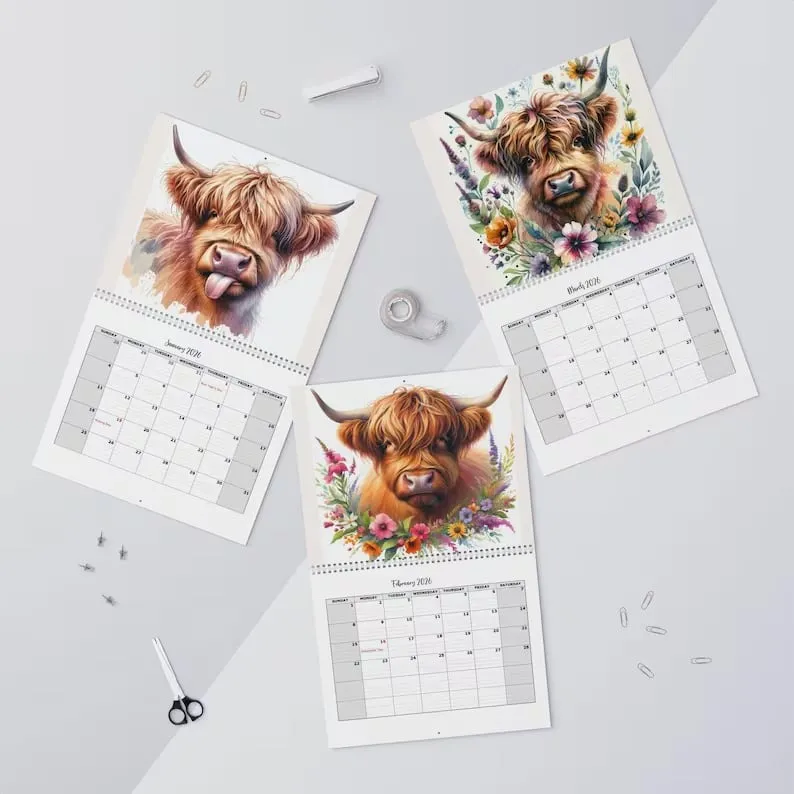 🐮Highland Cow Calendar 2026 – Rustic Farmhouse Wall Art & Monthly Planner📅