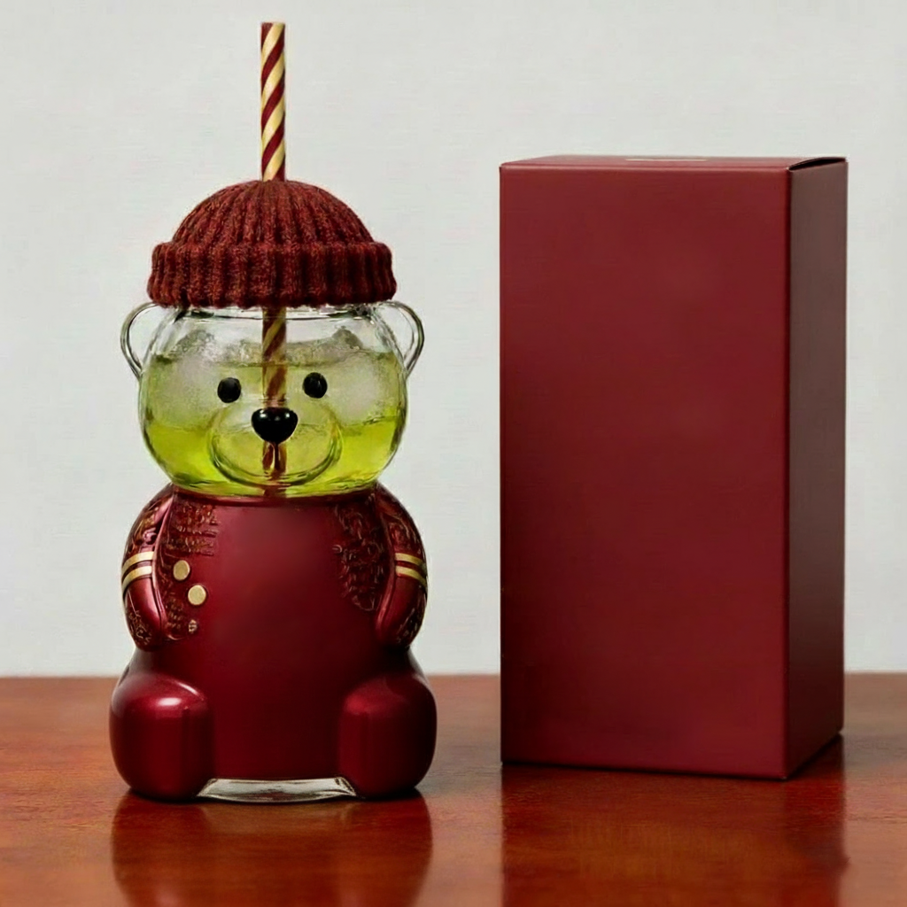 Cute Bear-Shaped Glass Tumbler with Straw