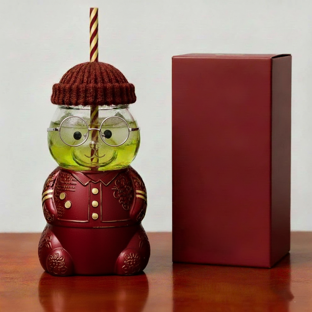 Cute Bear-Shaped Glass Tumbler with Straw