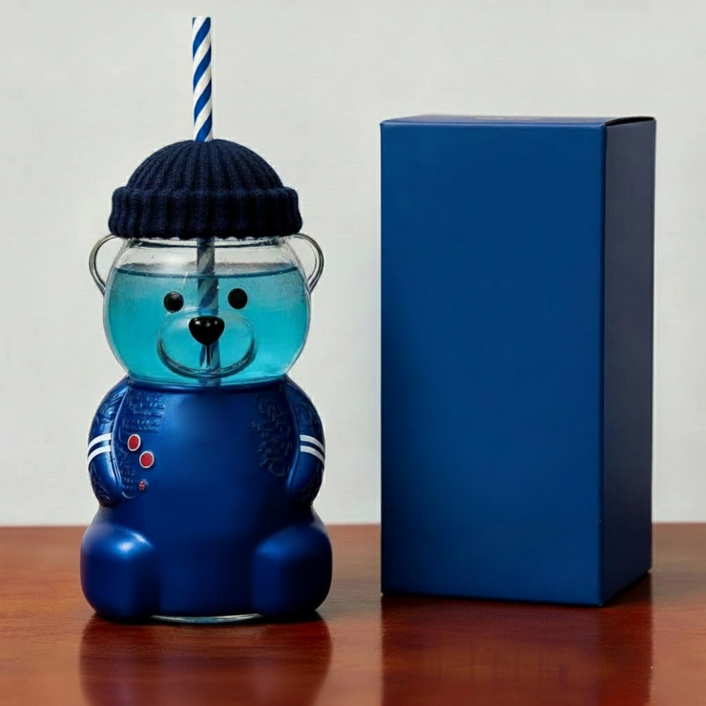 Bear-Shaped Glass Tumbler with Straw