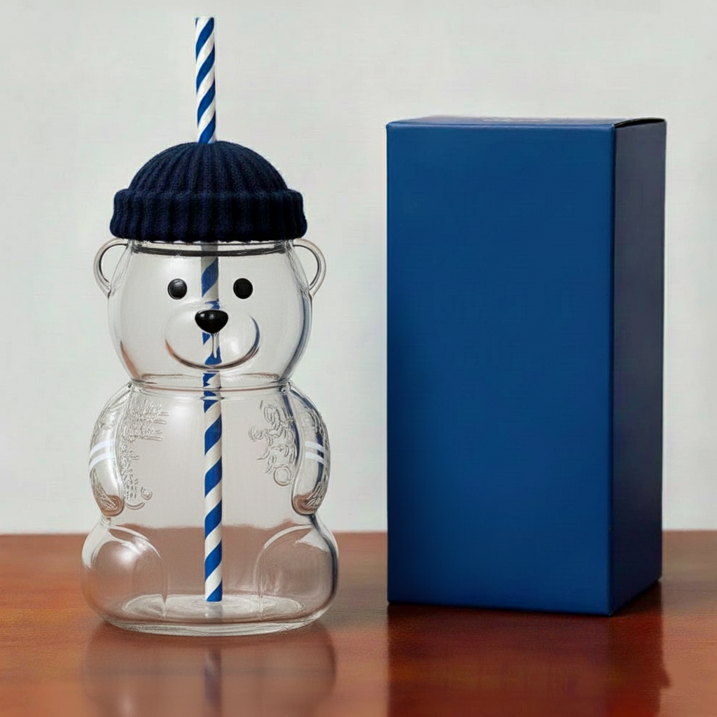 Bear-Shaped Glass Tumbler with Straw