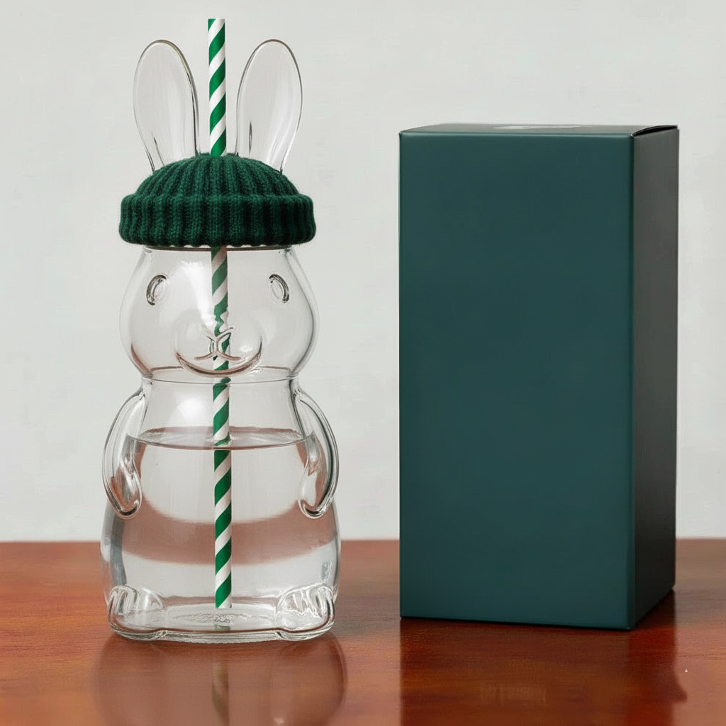 Cute Animal-Shaped Glass Tumbler with Straw