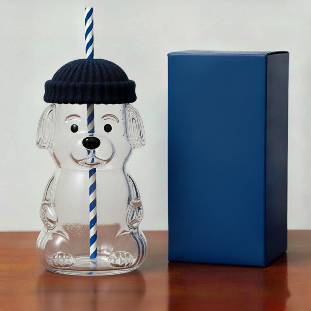 Bear-Shaped Glass Tumbler with Straw